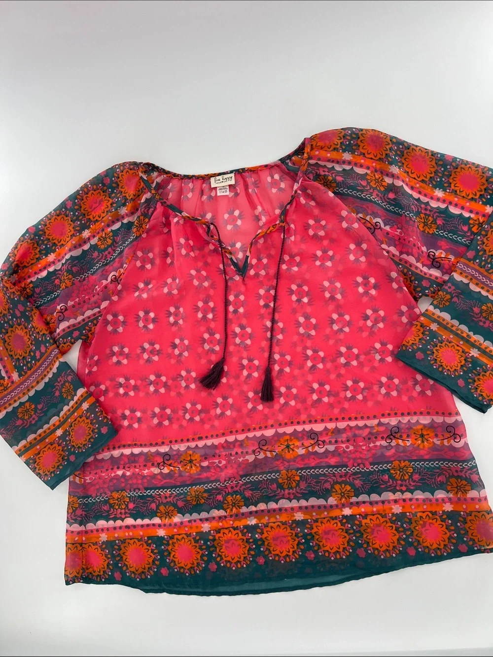 Natural Life Floral Peasant Blouse sheer lightweight breezy resort vacation L - Picture 2 of 8